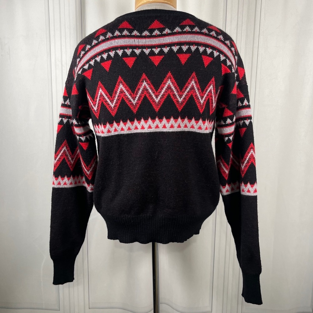 Vintage 80's PROFILE 100% Wool Sweater • Black Red Nordic Ski Geometric Knit • L - Picture 8 of 14